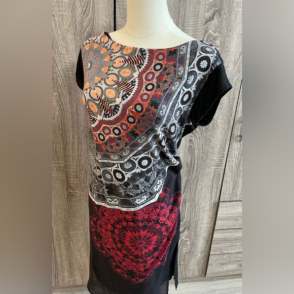 DESIGUAL Cute Black & Red Mandala Print Designer Dress. - Picture 2 of 11